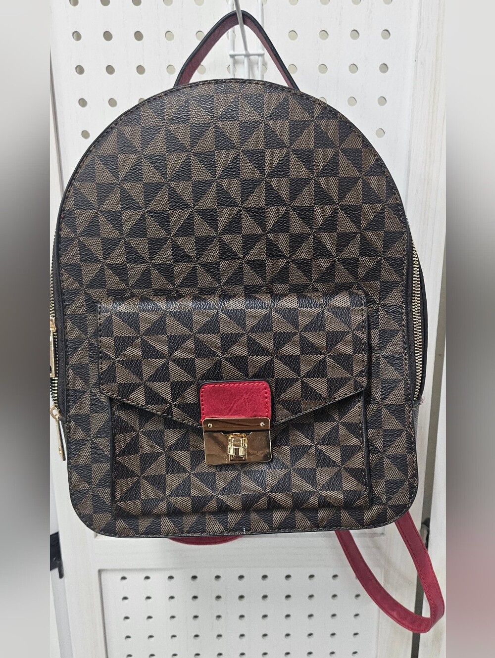 Source Unknown Brown Geometric Backpack with Red Accent
